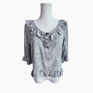 Taylor G. Vintage Gray/Green Floral Ruffle Blouse Decorative Buttons Women’s S